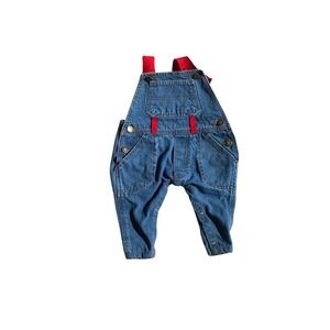 Vintage Bolivar Kids Denim Overalls Blue Red Straps 6/9 Months 100% Cotton